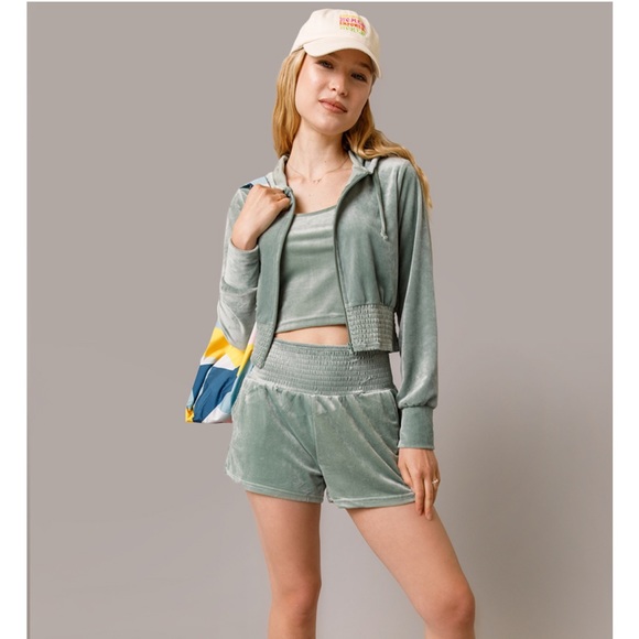 Francesca’s Mya Velour Full Zip Hoodie in Sage Green - Picture 3 of 14